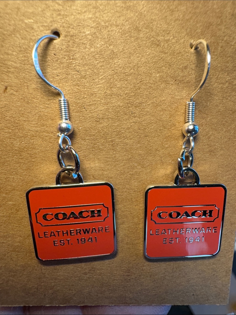 Coach Coral Logo Drop Earrings with Silver Hardware